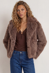 Letoile Coat - Notched Collar Faux Fur Jacket with Pockets in Mocha