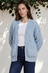 Manny Cardigan - Chunky Open Cropped Cable Knit with Rib Knit Trims and Pockets in Blue