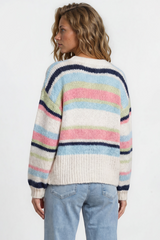 Soren Cardigan - Open Front Striped Knit with Rib Knit Trim in White/Blue
