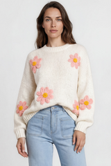 Amara Jumper - Crew Neck Floral Motif Knit with Ribbed Hemlines in White