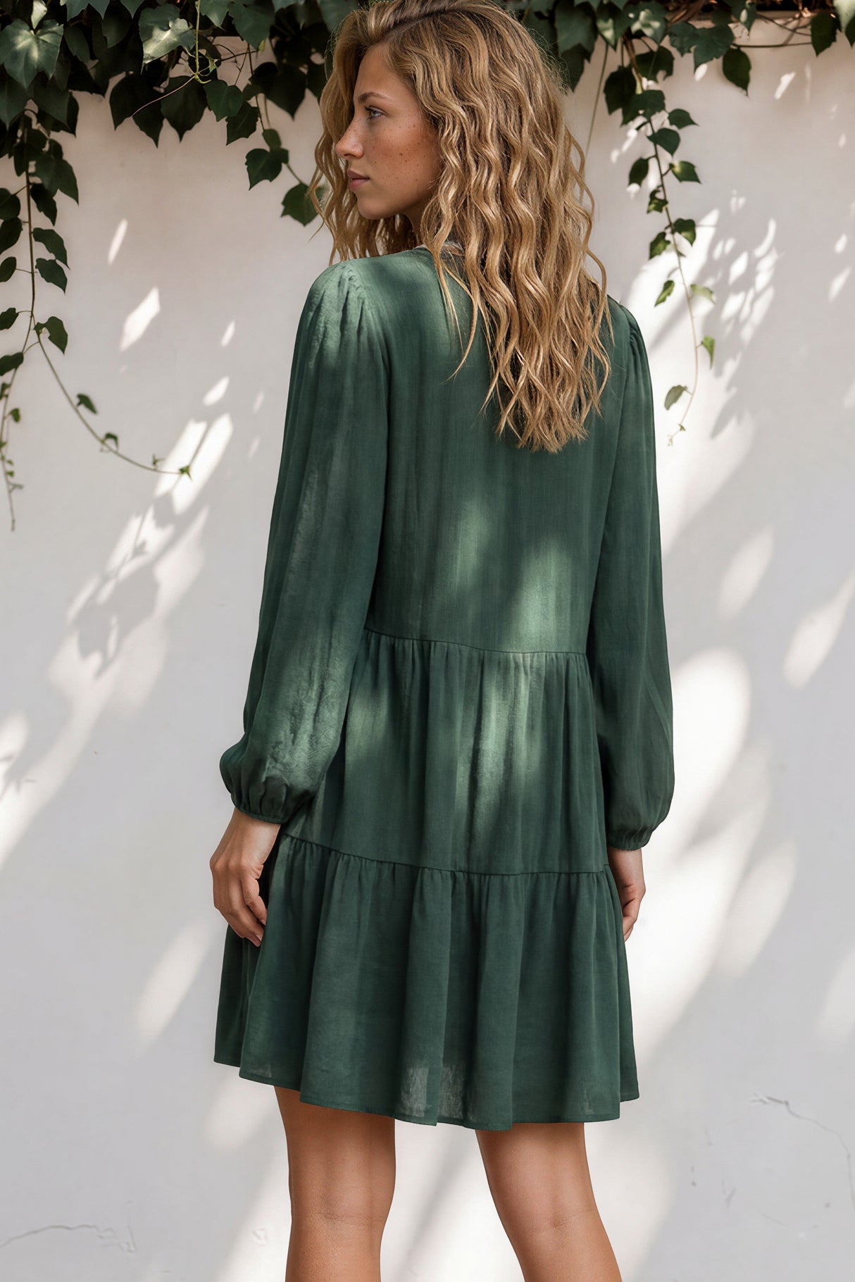 Leah Mini Dress - Soft V Neck Tiered Dress with Long Balloon Sleeves and Pockets in Green