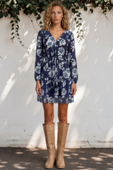 Villia Mini Dress - V Neck Buttoned Bodice Dress with Pull Tie Waist and Pockets in Minka Print Navy