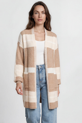 Heath Cardigan - Shawl Collar Open Front Checkered Cardigan in Beige/Camel