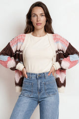 Bellamy Cardigan - Button Front V Neck Multicoloured Stripe Knit in Chocolate/Pink