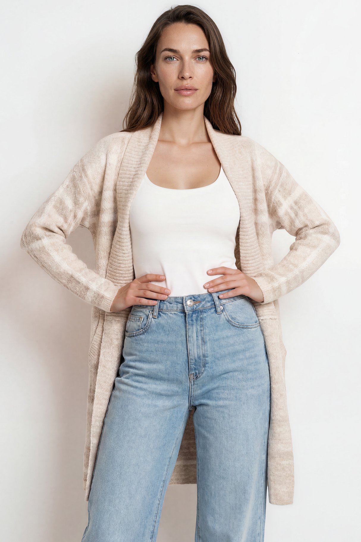 Darlington Cardigan - Ribbed Shawl Collar Checkered Knit with Pockets in Beige