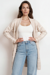 Darlington Cardigan - Ribbed Shawl Collar Checkered Knit with Pockets in Beige
