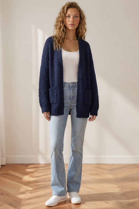 Ricki Cardigan - Open Front Chunky Knit Cardigan in Navy