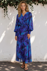 Azura Maxi Dress - V-Neckline Dress with Long Shirred Sleeves in Bluebell Print