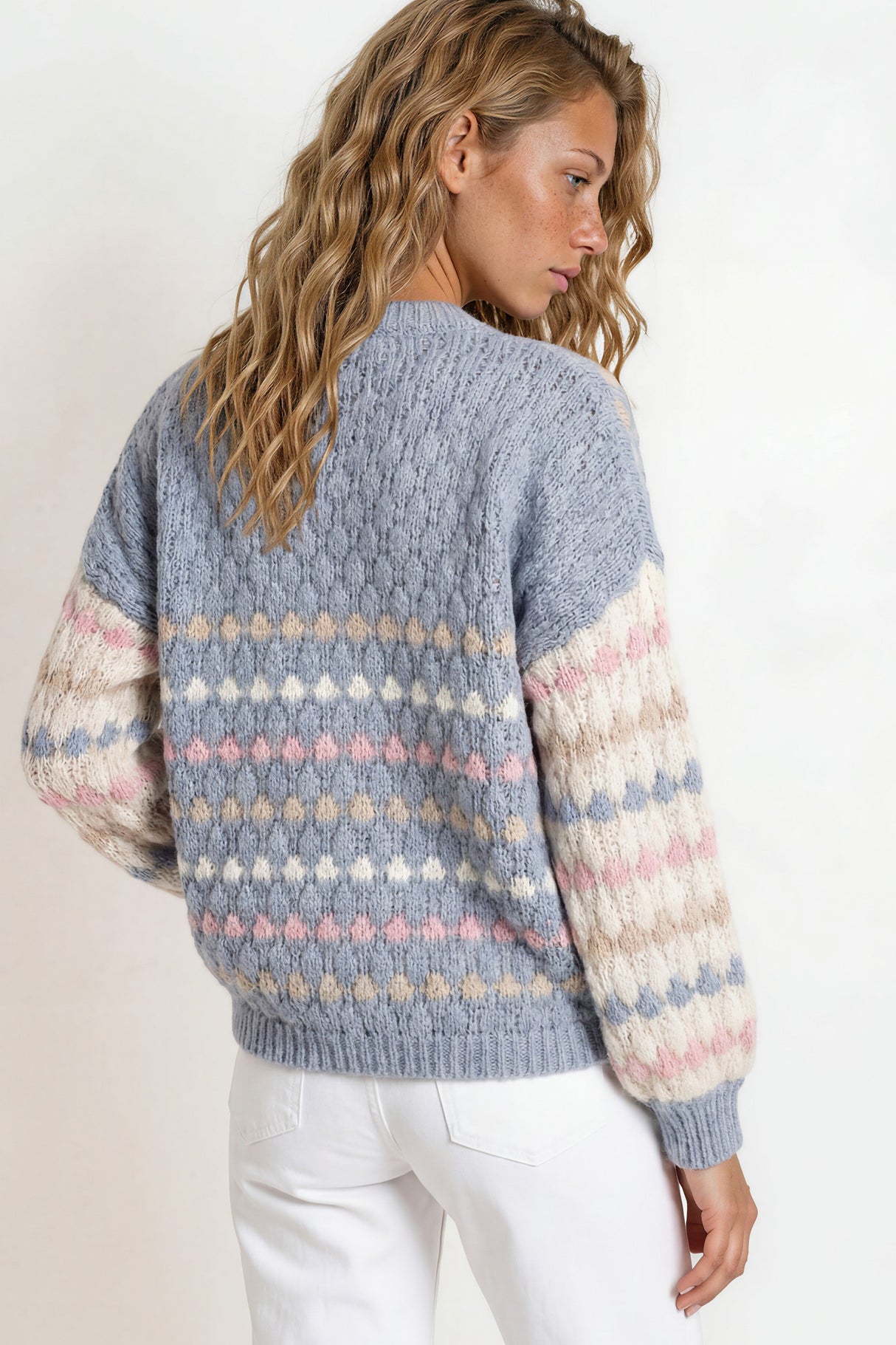 Lyla Jumper - Crew Neck Bubble Knit with Contrast Stripes in Blue