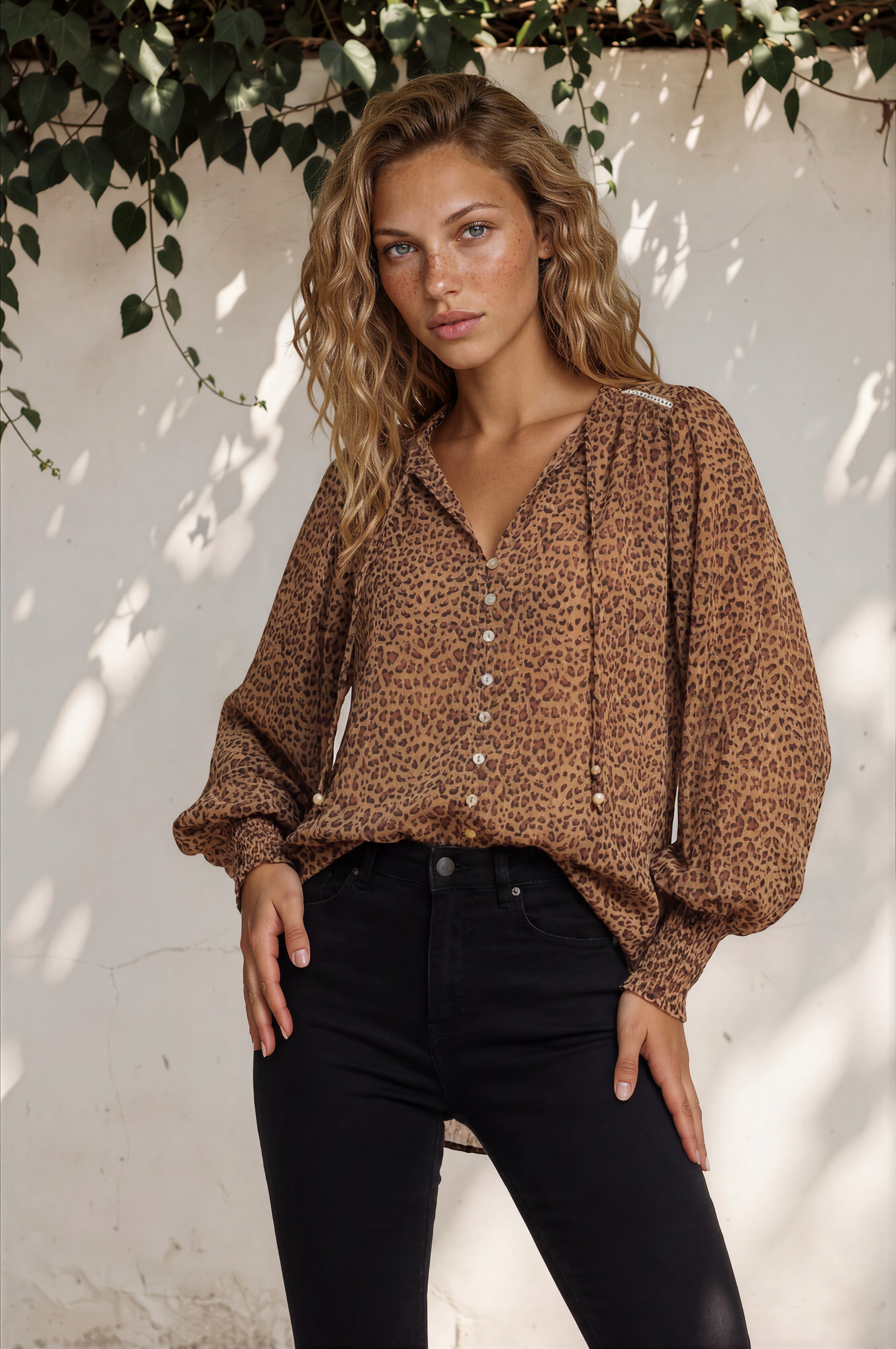 Blouse Frill Collar Button Down Balloon Sleeve Top Wyatt Print