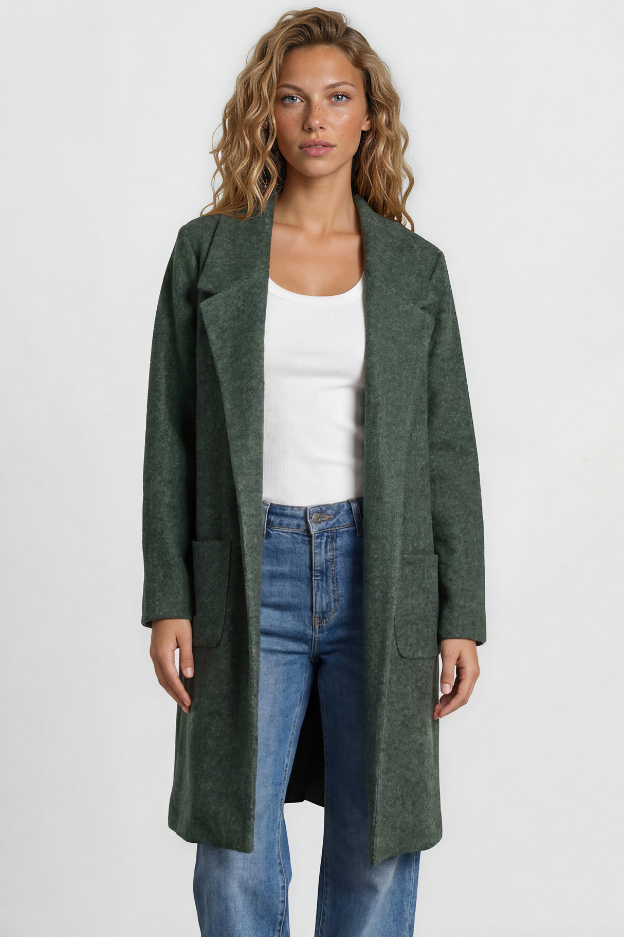 Samson Cardigan - Folded Lapel Collar Coatigan with Pockets in Green