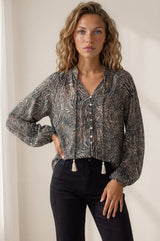 Sergio Blouse - Mandarin Collar Button Down Blouse with Balloon Sleeves in Zebresse Print