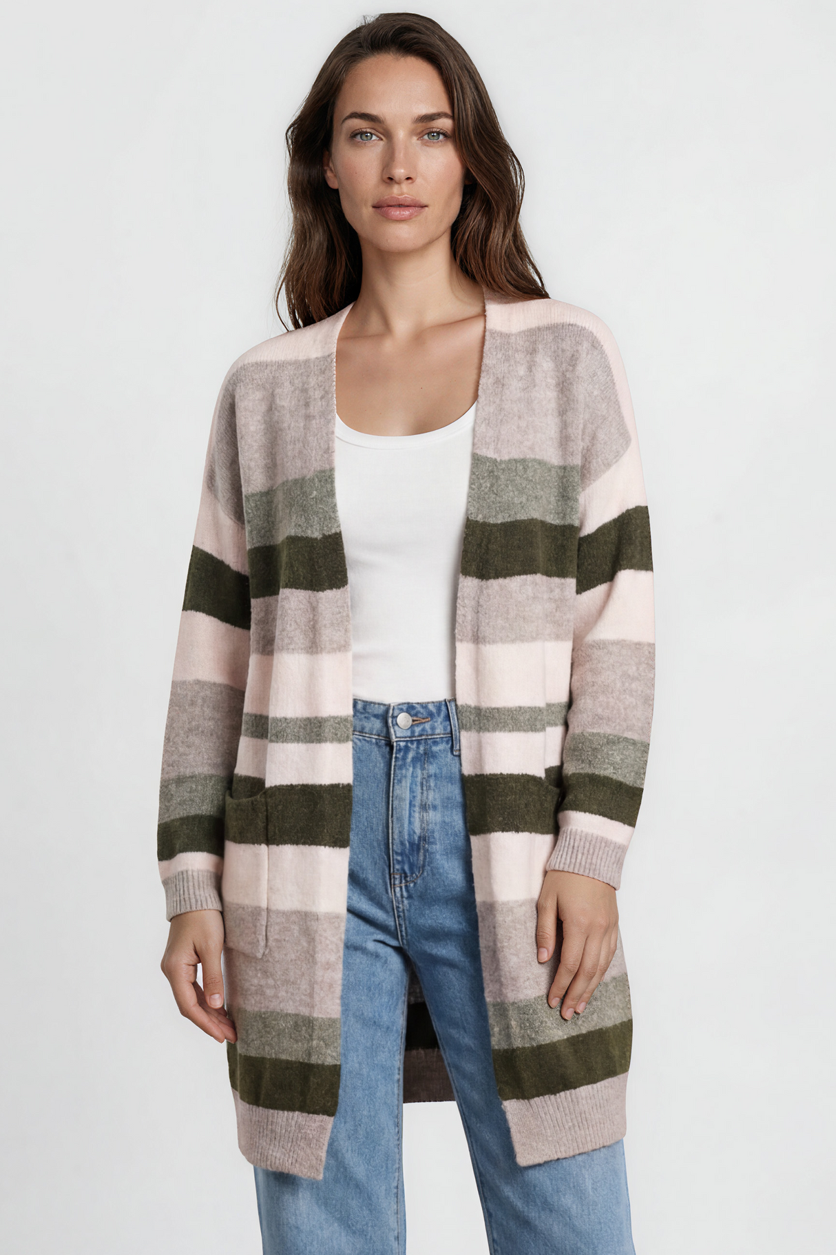 Alfie Cardigan - Open Stripe Knit with Pockets and Rib Knit Trim in Baby Pink/Mocha