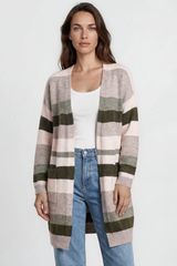 Alfie Cardigan - Open Stripe Knit with Pockets and Rib Knit Trim in Baby Pink/Mocha