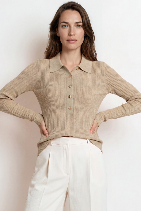 Alexander Knit Top - Ribbed Knit Top with long fitted Sleeves Oatmeal
