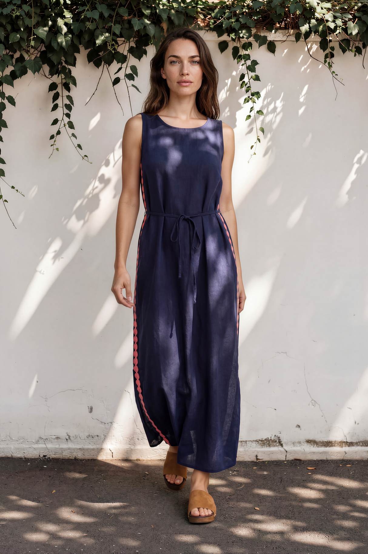 Amali Maxi Dress - Scoop Neck Shift Dress with Waist Tie and Playful Contrast Stripes in Navy