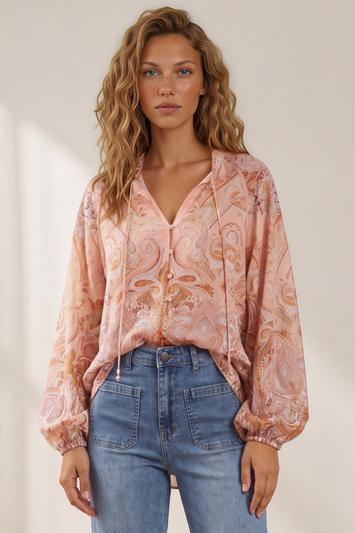 Amalfi Blouse - Frill Collar Button Down with Long Balloon Sleeves in Jolie Print