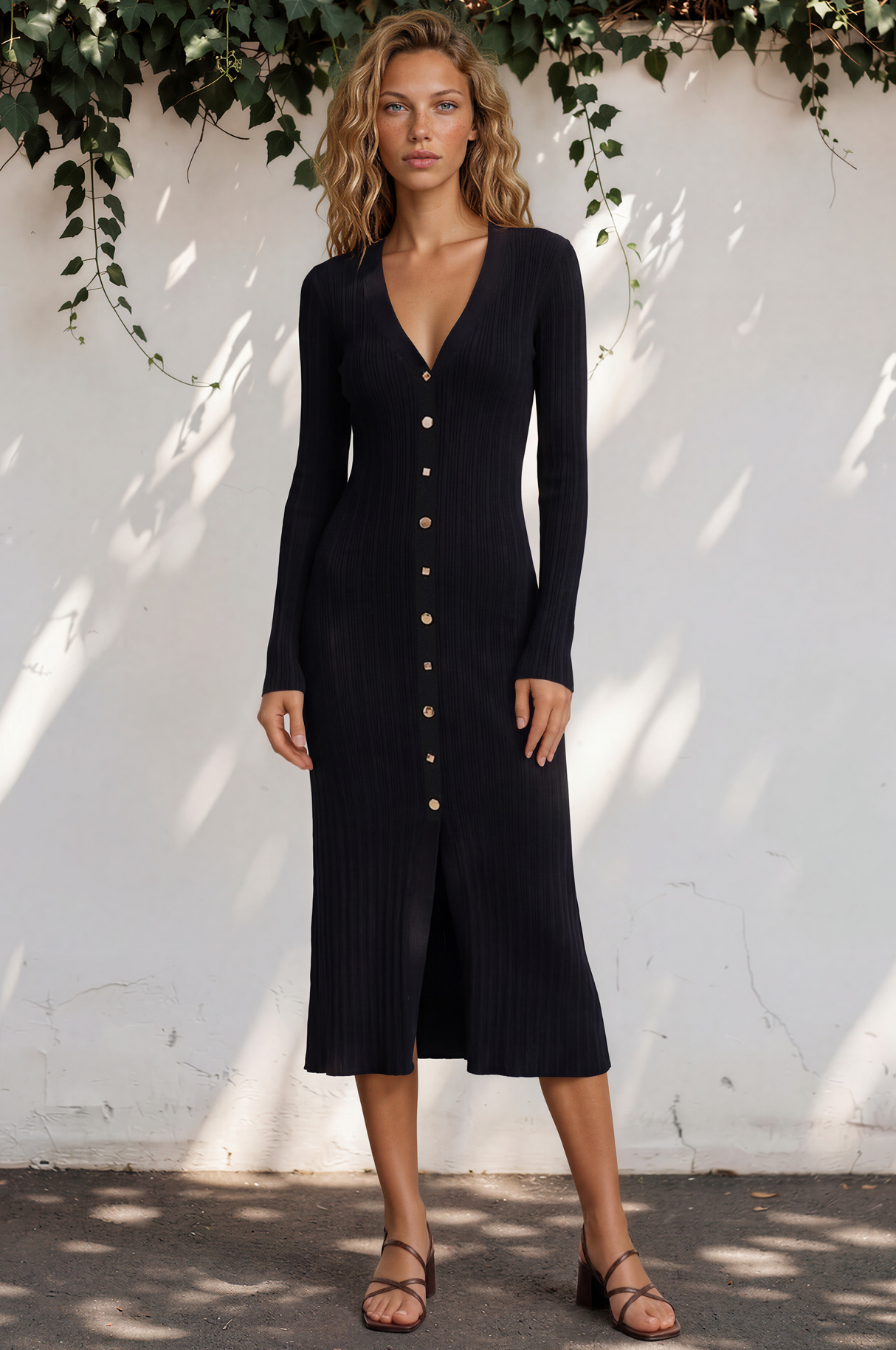 Alexander Knit Midi Dress - Ribbed Knit Dress with Long Fitted Sleeves in Black