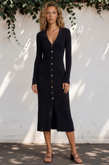 Alexander Knit Midi Dress - Ribbed Knit Dress with Long Fitted Sleeves in Black