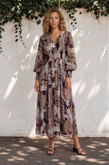 Vinia Maxi Dress - V Neckline Dress with Long Balloon Sleeves in Woodstock Print