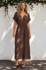 Emelia Maxi Dress - V-Neckline Dress with Short Folded Sleeves in Chocolate