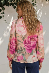 Diandra Blouse - Lace Trim Mandarin Collar Button Down with Balloon Sleeves in Tiana Print Pink