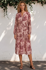 Katie Midi Dress - V-Neckline Dress with Long Sleeves in Elisha Print