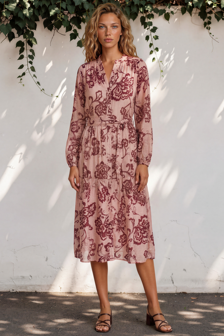 Katie Midi Dress - V-Neckline Dress with Long Sleeves in Elisha Print