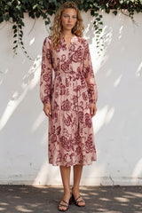 Katie Midi Dress - V-Neckline Dress with Long Sleeves in Elisha Print