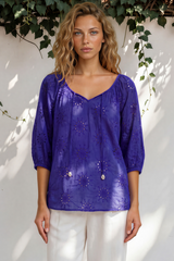 Blanche Blouse - Hollow out Embroidered Top in Royal Blue