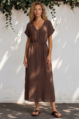 Emelia Maxi Dress - V-Neckline Dress with Short Folded Sleeves in Chocolate