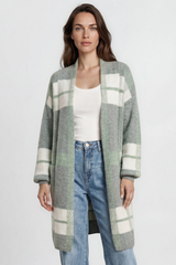 Heath Cardigan - Shawl Collar Open Front Checkered Cardigan in Green/White