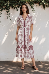 Kaitlyn Midi Dress - V-Neckline Dress with Short Flutter Sleeves in  Maisy Print Wine