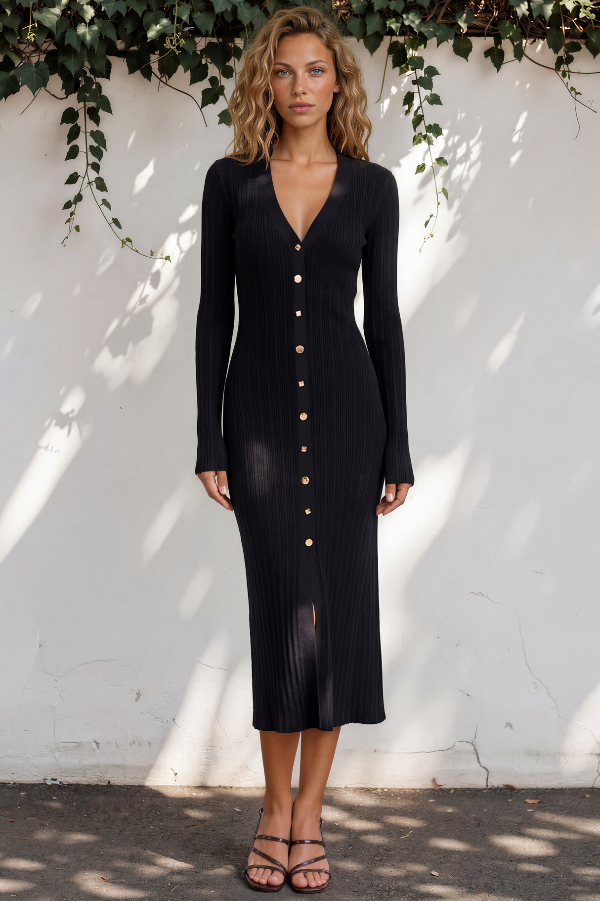 Alexander Knit Midi Dress - Ribbed Knit Dress with Long Fitted Sleeves in Black