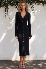 Alexander Knit Midi Dress - Ribbed Knit Dress with Long Fitted Sleeves in Black