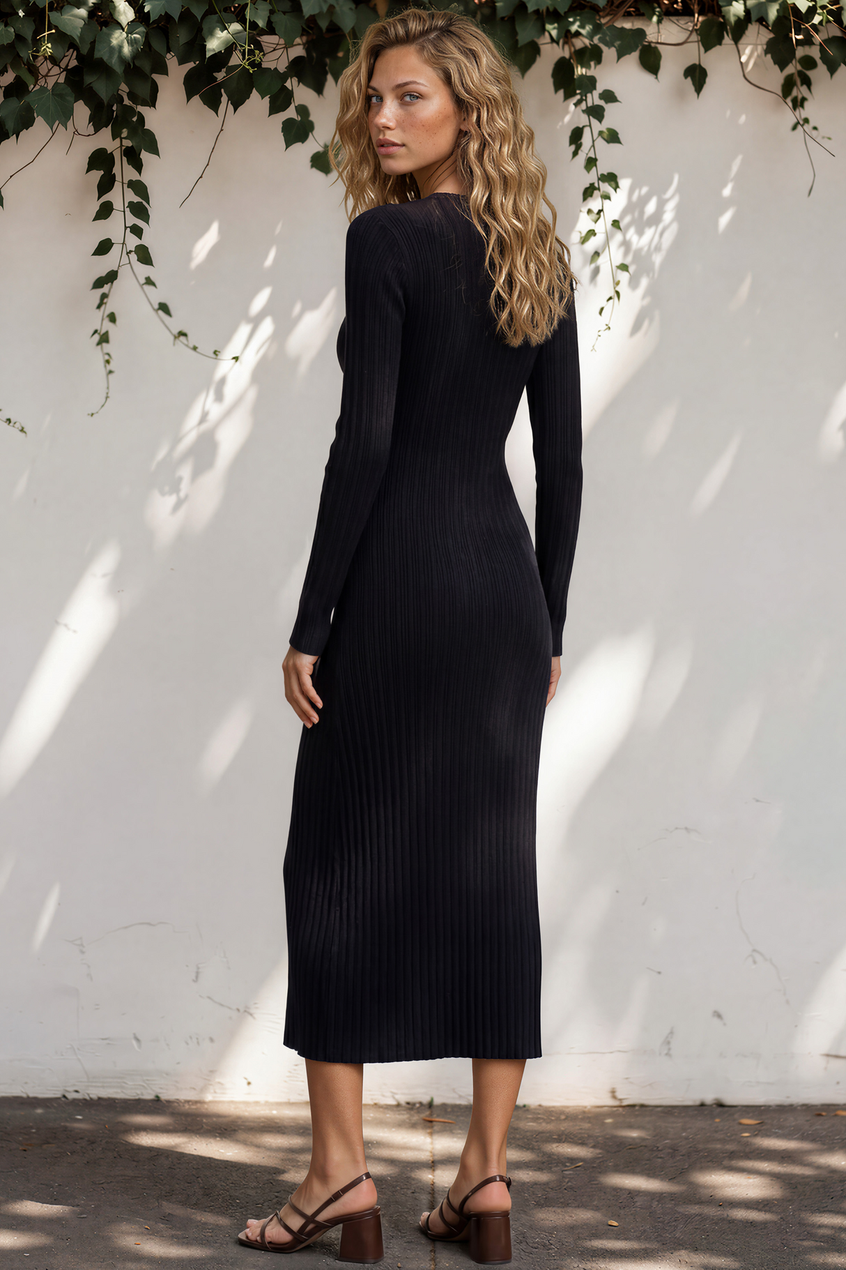 Alexander Knit Midi Dress - Ribbed Knit Dress with Long Fitted Sleeves in Black