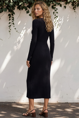 Alexander Knit Midi Dress - Ribbed Knit Dress with Long Fitted Sleeves in Black