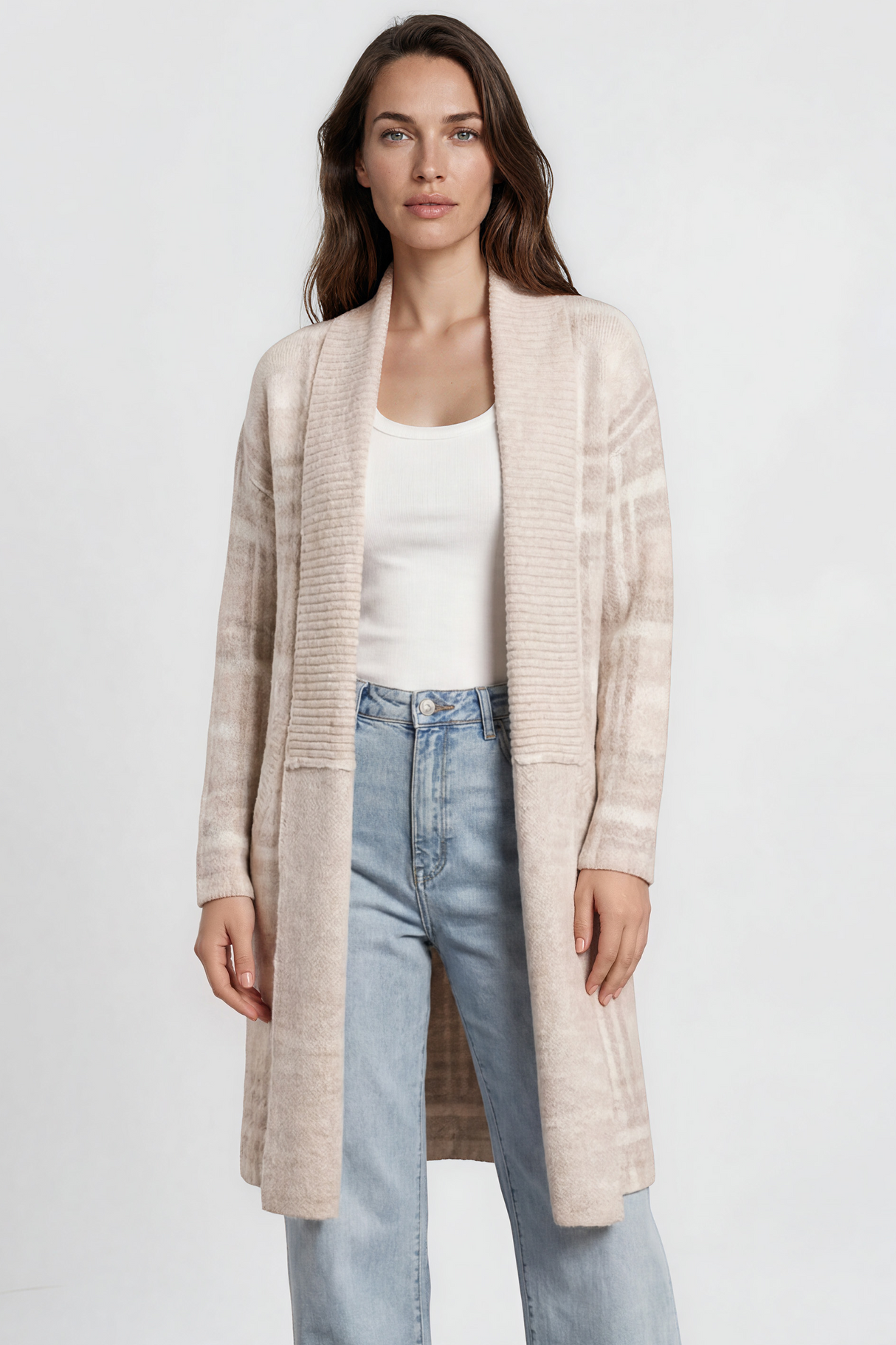 Darlington Cardigan - Ribbed Shawl Collar Checkered Knit with Pockets in Beige