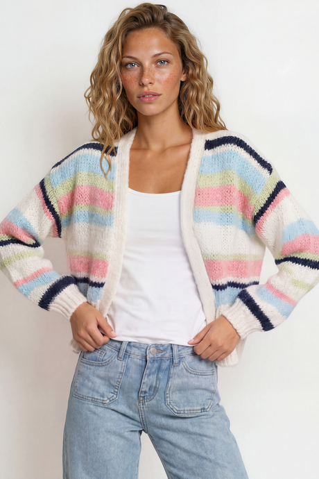 Soren Cardigan - Open Front Striped Knit with Rib Knit Trim in White/Blue
