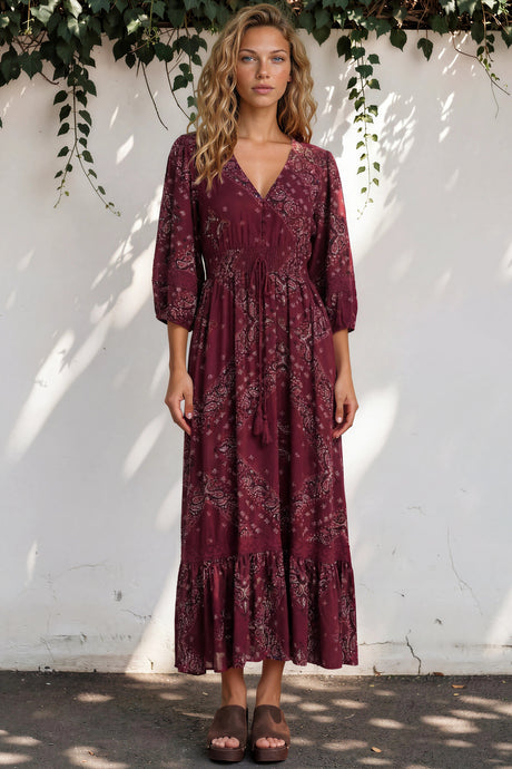 Kiaba Maxi Dress - V-Neck Buttoned Bodice 3/4 Sleeve A-Line Dress with Lace Inserts in Vilma Print Wine