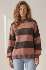 Janie Jumper - Mock Neck Striped Jumper with Contrast Stripe Hemlines in Tobacco