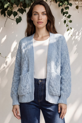 Manny Cardigan - Chunky Open Cropped Cable Knit with Rib Knit Trims and Pockets in Blue