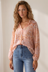 Amalfi Blouse - Frill Collar Button Down with Long Balloon Sleeves in Jolie Print