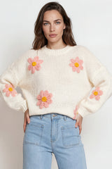 Amara Jumper - Crew Neck Floral Motif Knit with Ribbed Hemlines in White