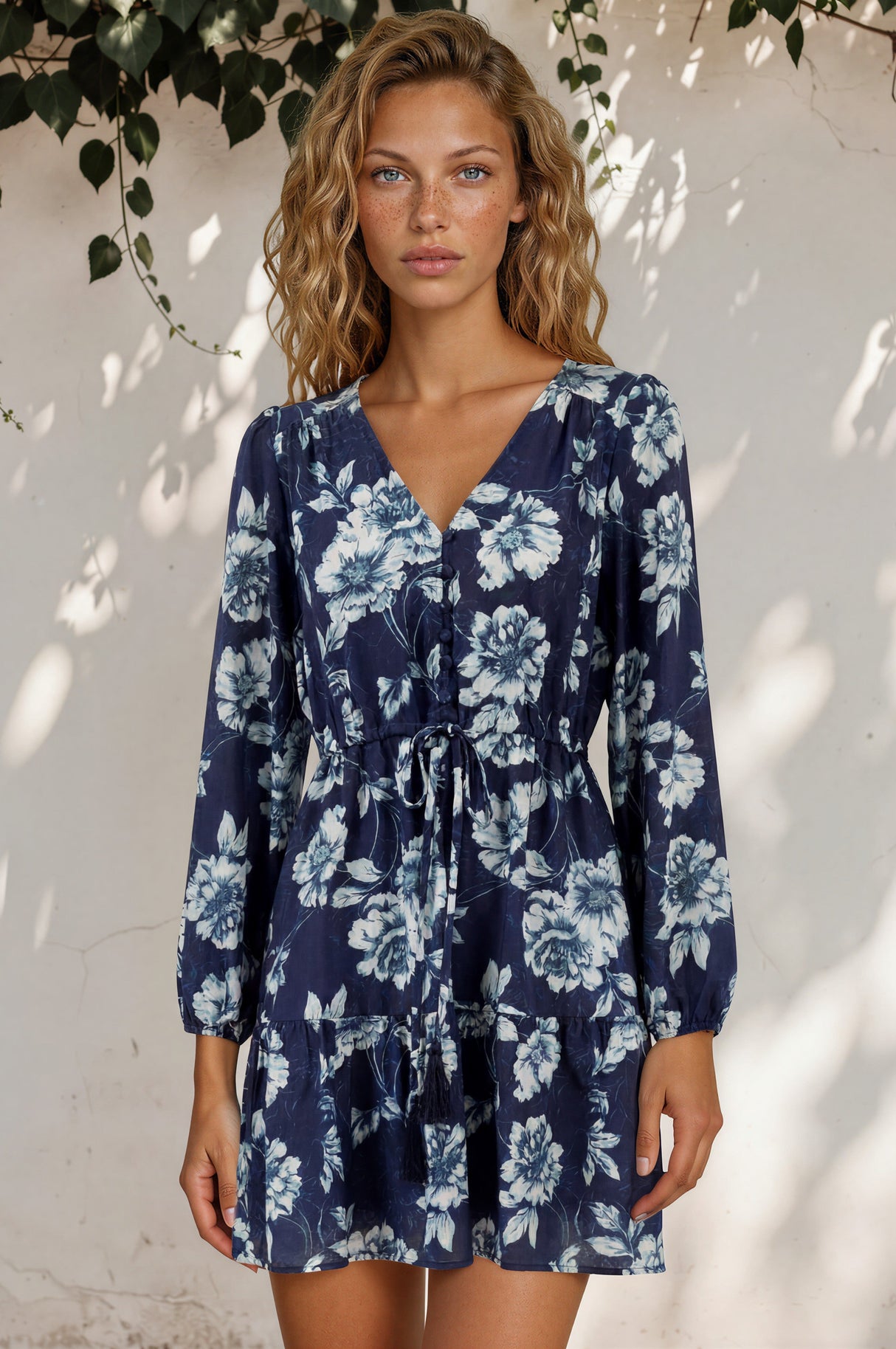Villia Mini Dress - V Neck Buttoned Bodice Dress with Pull Tie Waist and Pockets in Minka Print Navy