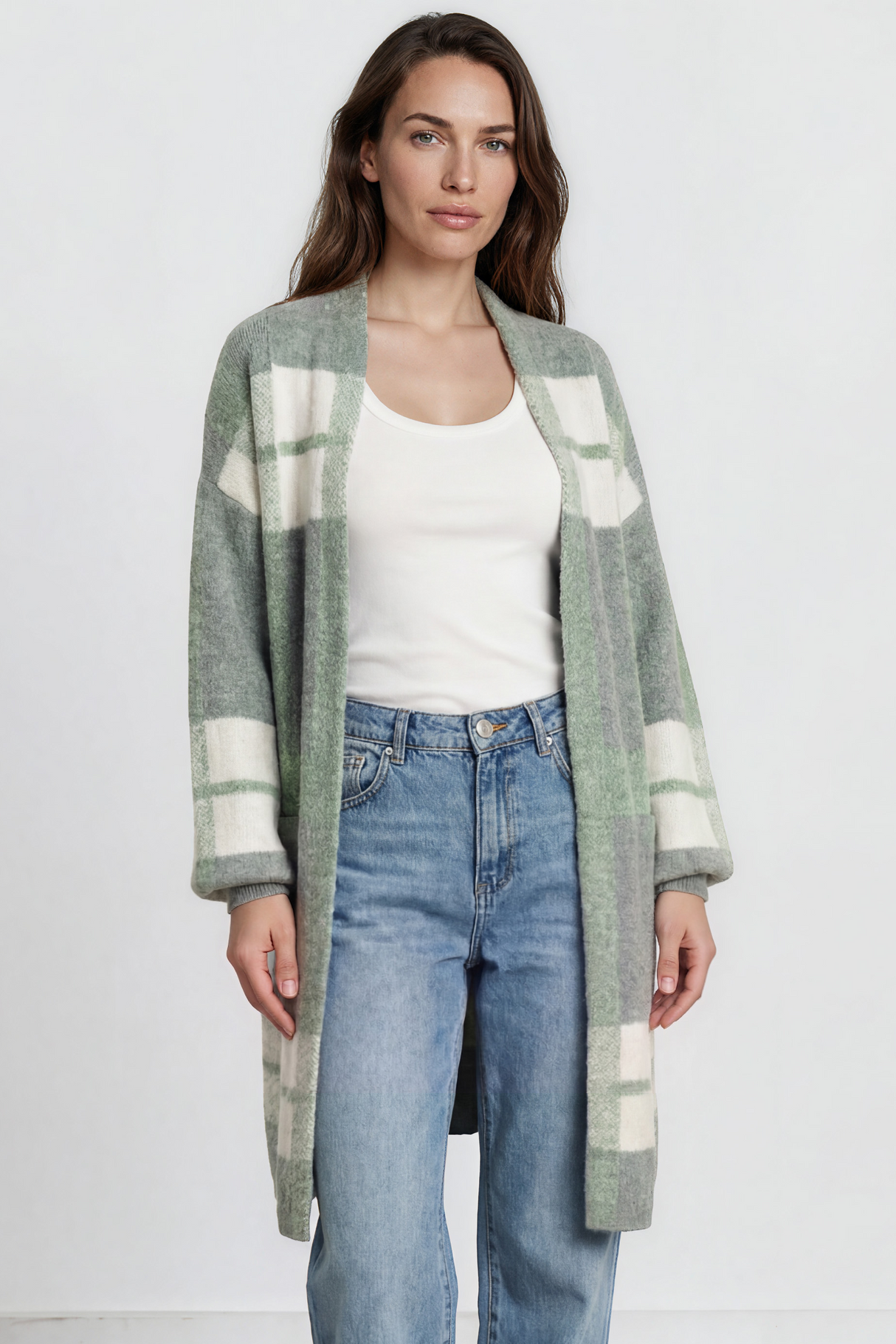 Heath Cardigan - Shawl Collar Open Front Checkered Cardigan in Green/White