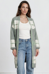 Heath Cardigan - Shawl Collar Open Front Checkered Cardigan in Green/White