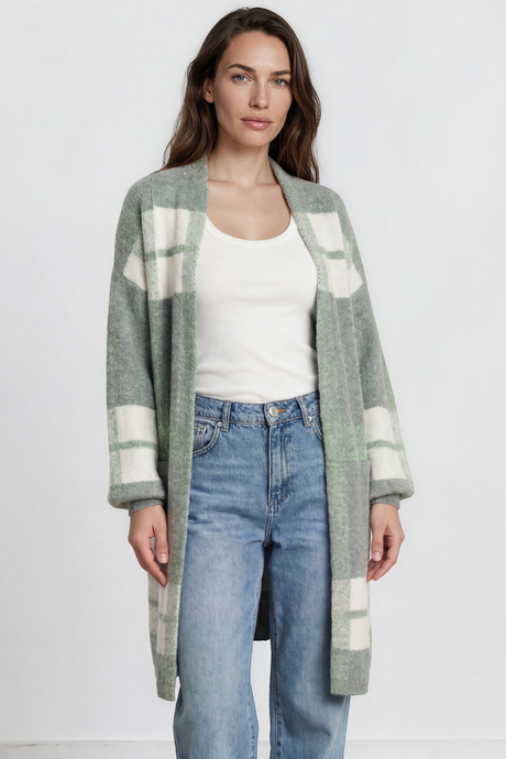 Heath Cardigan - Shawl Collar Open Front Checkered Cardigan in Green/White
