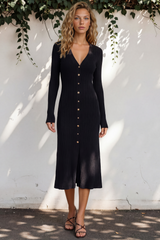 Alexander Knit Midi Dress - Ribbed Knit Dress with Long Fitted Sleeves in Black