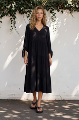 Elisabette Midi Dress - V-Neck Tiered Linen Dress with 3/4 Tie Cuff Sleeves in Black
